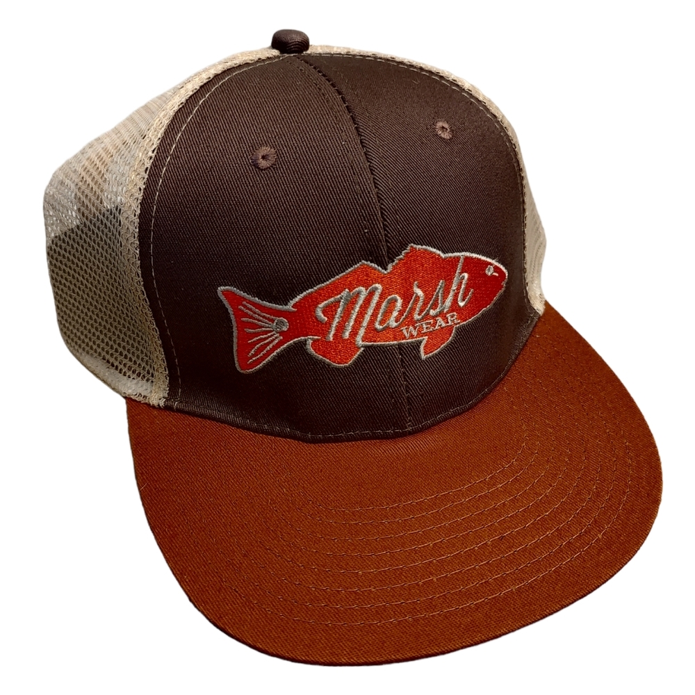 MARSH WEAR Retro Red Fish Fishing Trucker Hat Baseball Cap Orange Brown NWOT